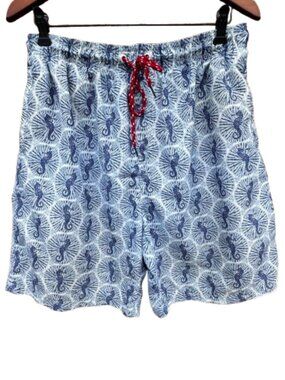 Nat Nast Swim Trunks Shorts Mens Large Blue White Seahorse AOP Preppy Resortwear